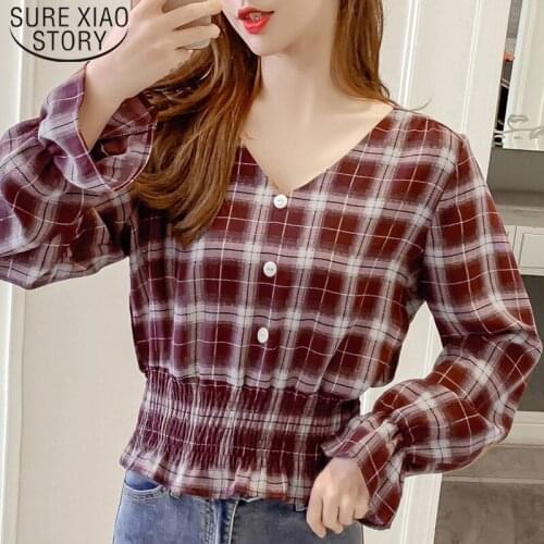 2021 New Vintage Chiffon Women Blouses Elastic Long Sleeve Plaid Shirt Women Autumn Casual Fashion Women Tops Plus Size 6423 50
