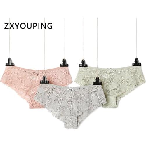 3Pcs/lot Floral Sexy Panties for Womens Underwear Hollow out Lace Briefs Bow low-Rise Transparent Lingerie 3Xl Plus Size Female