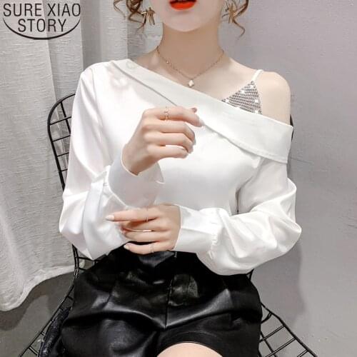White Blouse Women Tops 2021 Spring Sexy Off-shoulder Fashion Skew Collar Long Sleeve Chiffon Blouses Loose Clothes Blusas 13730