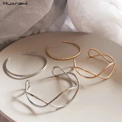HUANZHI 2019 Simple New Geometric Wave Double Layer Hollow Opening Metal Bracelet Bangle for Women Party Wedding Girls Vacation