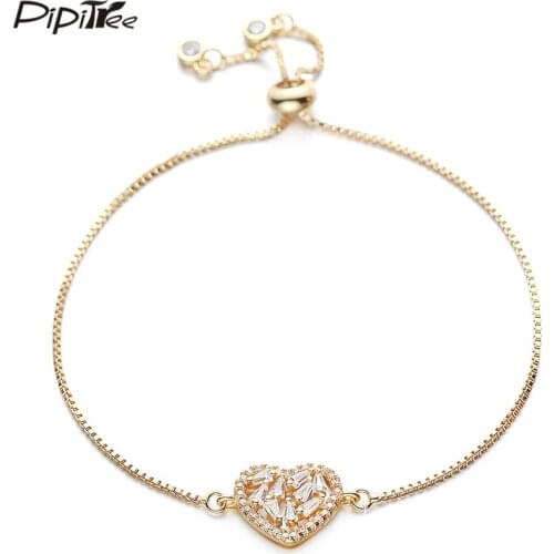 Pipitree Princess Cut Cubic Zirconia Love Heart Bracelet Gold Color Copper Adjustable Chain Wedding Bracelets for Women