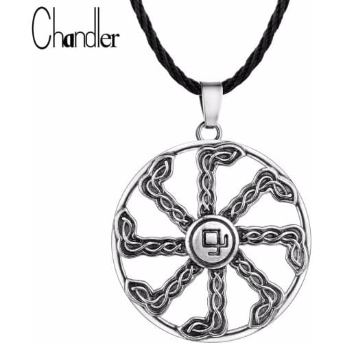 Chandler Hiphop Punk Slavic Talisman Kolovrat Pendant Necklace Antique Bronze Pagan Jewellery Round Charm Colier