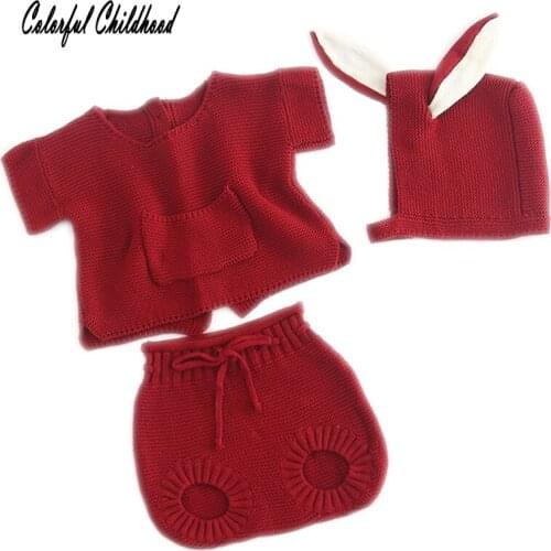 BABY 3pcs tops+pants+hat knitting clothes big rabbit ear lovely pocket short sleeve toddlers set for nowborn/infant clothes6-24m