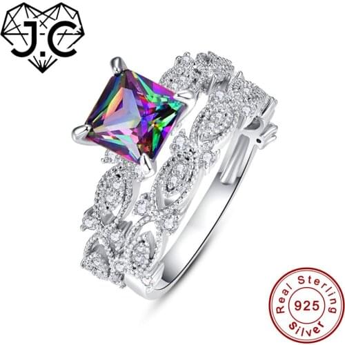 J.C Princess Cut Mystic Rainbow & White Topaz 925 Sterling Silver Ring Set Size 6 7 8 9 Women Couple Wedding Engagement Gift