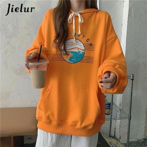 Jielur Korean Fashion White Orange Women Hoodies Kawaii Cartoon Print Female Sweatshirt Pocket Thin Pullovers Loose Streetwear