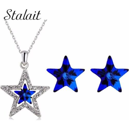 Five-Point Star Full Rhinestones Crystal Stud Earring Pendant Necklace Jewelry Set For Women Fashion Jewelry Bridal Wedding Gift