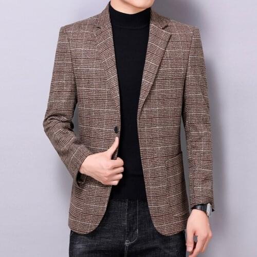 Man Smart Casual Blazer Navy Blue Camel Plaid Woolen Costumn Homme Autumn Winter Checked Pattern Blazers Mens Classic Clothings