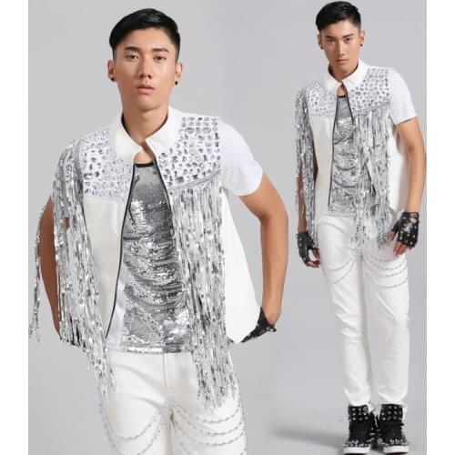 Men vest tassel clothing personality slim male sleeveless vests men punk rock singer dance stage star fashion white stand collar