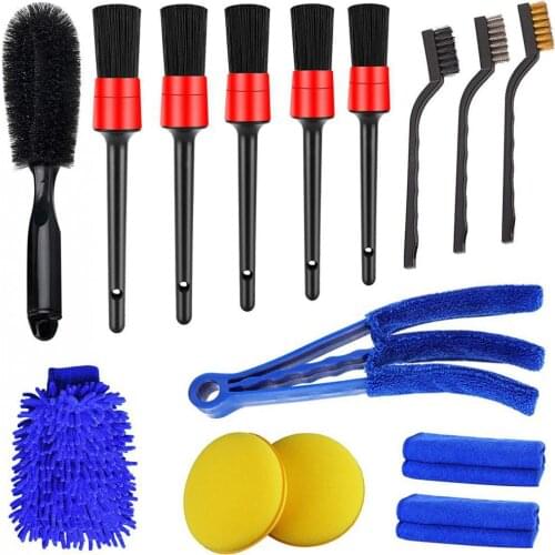 15 piece car beauty brush set, car interior cleaning kit, steel wire brush, advanced detail brush, tire brush, microfiber gloves