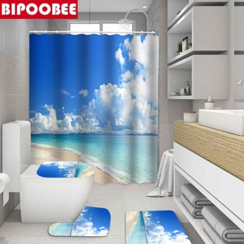 Ocean Beach Shower Curtain Sea Scenery Seaside 3D Printing Bathroom Curtains Set Bath Mats Non Slip Carpet Toilet Lid Cover