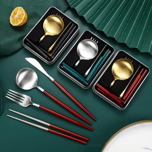 Travel Camping Cutlery Set, 5 Pcs Portable Utensils Set Including Knife Fork Spoon Chopsticks Case, Stainless Steel Flatware Set