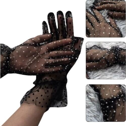 Women Sheer Lace Short Tulle Full Finger Gloves Vintage Polka Dot Ruffled Mitten 649C