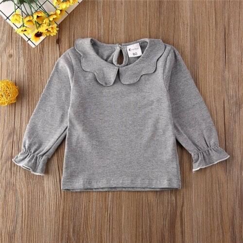 Toddler Baby Girls Casual Top Kids Long Sleeve O-Neck Ruffle Solid Color Blouse 1-7Years