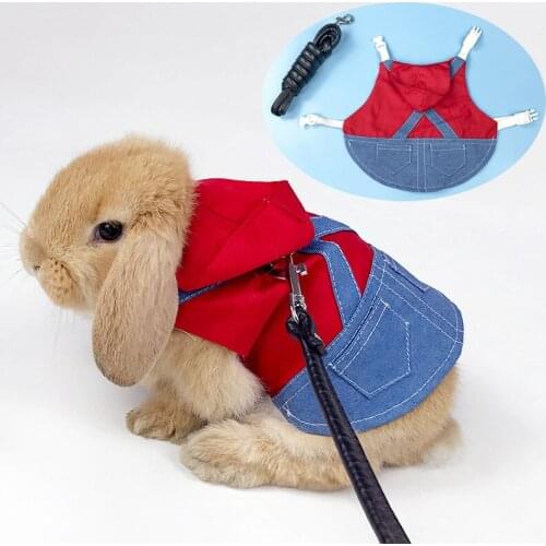 Plaid Rabbit Clothes Hooded Adjustable Denim Vest Harness with Traction Rope for Bunny Small Pet Ferret Teacup Kitten Accessorie