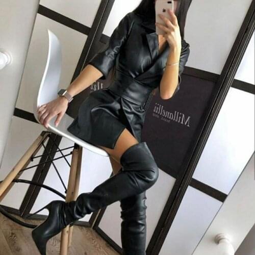 Autumn Winter Elegant PU Leather Suit Dress Women High Waist Pencil Dress Office Lady 3/4 Sleeve Lapel Mini Dresses New 2021