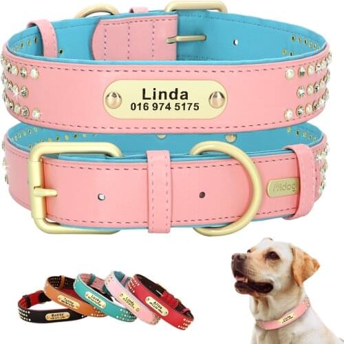 Rhinestone Leather Dog Collars Personalized Pet Dog Collar Customized ID Tag Engraved Name Phone for Small Medium Dogs Bulldog