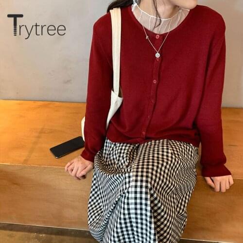 Trytree 2020 Winter Woman Casual Sweater O-neck Solid 5 Color Single Breasted Fashion Elegant Knitting All-Purpose Style Sweater