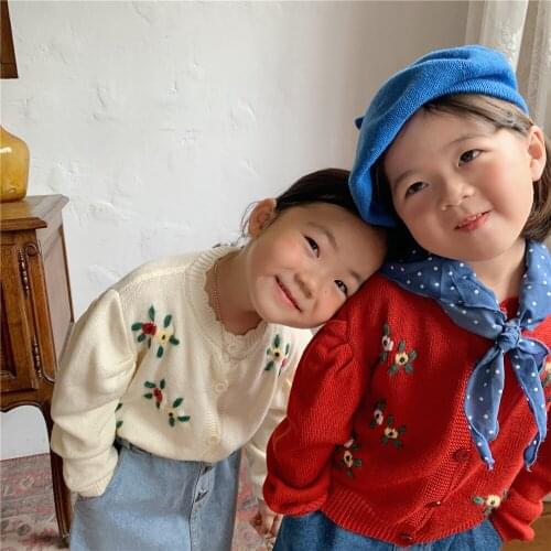 Girls Retro Embroidered Knitted Sweater 2021 Autumn New Korean Baby Korean-style Cardigan Jacket Childrens Knitting Coats 2-8Y