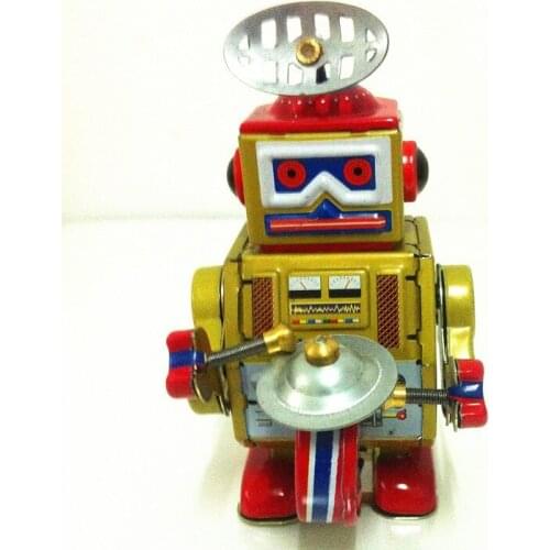 [Funny] Classic collection Retro Clockwork Wind up Metal Walking Tin Band Play gong drum robot recall Mechanical toy kids gift