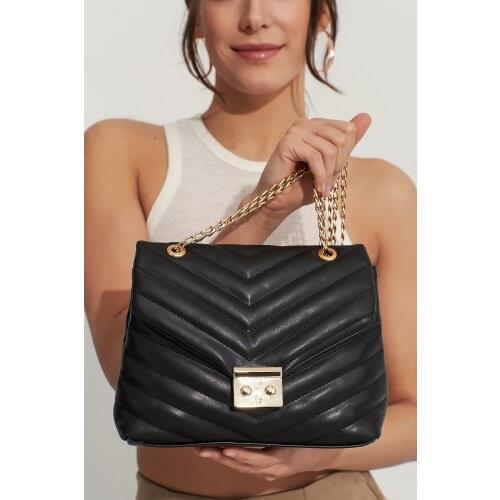Womens Black Chain Strap Quilted Stylish Shoulder Bag Fashion Multipurpose Good Quality Made in Turkey