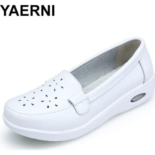 YAERNI Four Seasons woman Pure black and white soft platform full sole nurse air cushion Shoes Women Genuine shoesE1340