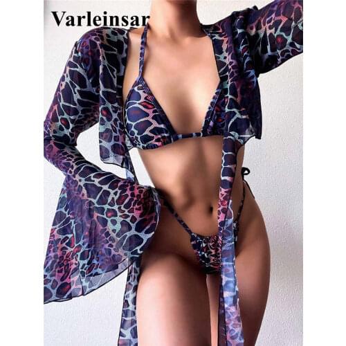 Halter Printed Bikini Women Swimwear Female Swimsuit Three-pieces Bikini set With Cover Up Bather Bathing Suit Swim Lady V2717