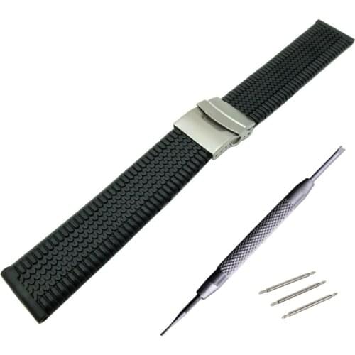 20 22 mm Silicone Gel Rubber Watch Band Strap Straight End Bracelet Stainless Steel Double Folding Clasp Watchband + Tool -2