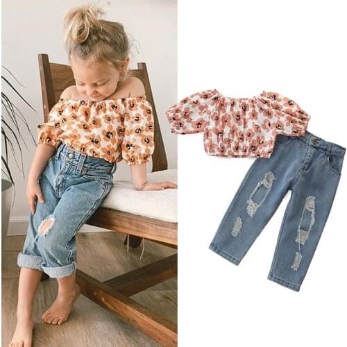 2021 Fashion Toddler Kids Baby Girl Clothes 2pcs Outfits Short Sleeve Floral T-shirt+Hole Denim Pants Summer Outfit Set