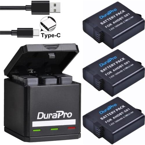 3pc Battery For GoPro Hero7 Hero 6 hero 5 Black + USB 3-Ports Charger with Type C Port for GoPro Hero7 6 hero5 Action Cameras