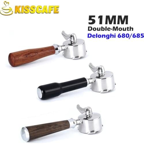 51MM Double-Mouth Coffee Bottom Portafilter For Delonghi EC680/685 Stainless Steel Machine Solid Wood Handle Espresso Accessory