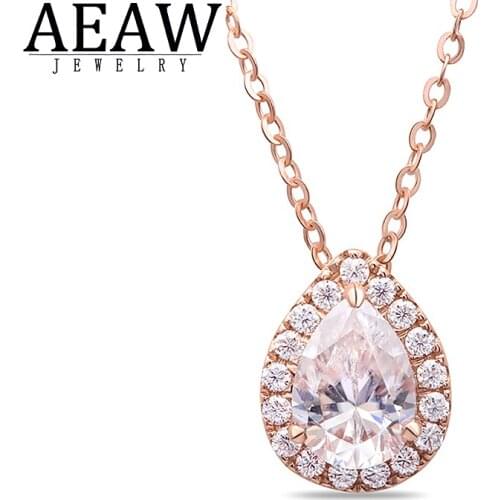 AEAW DF Color VVS1 Moissanite Necklace 1Carat 5x7mm Pear Cut Classic Style Solid 18k Rose Gold Fine Pendant For Lady