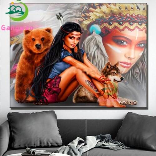 Full Square Round Drill 5D DIY Diamond Painting Native pretty girl with Indian wolf ,bear view Embroidery 5D Abstract art Decor