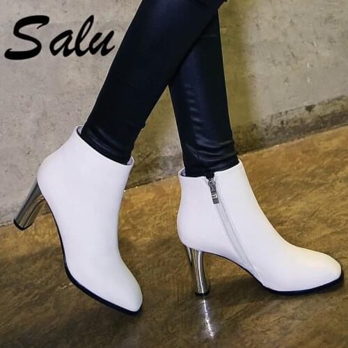 Salu Fashion Boots Women Ankle Boots Genuine Leather Autumn Winter Warm Chelsea Boots Zipper High Heels Party Shoes Woman