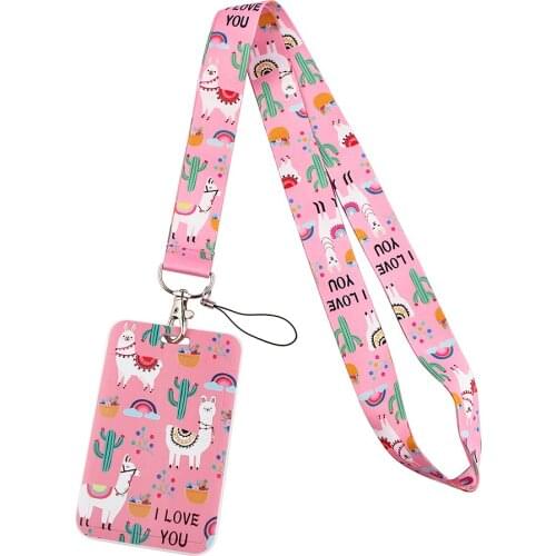 1pc ZF2484 Pink Cute Alpaca Lanyard Card ID Holder Car KeyChain ID Card Pass Gym Mobile Phone Badge Key Ring Holder Jewelry Gift