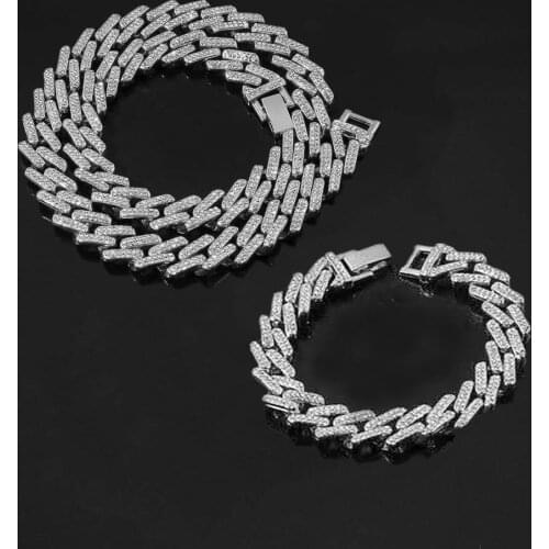 Iced Out Paved Rhinestone Necklace 2pcs 15MM Miami Curb Cuban Link Chain Bling Rapper Necklace Bracelet for Men Hip Hop Jewelry