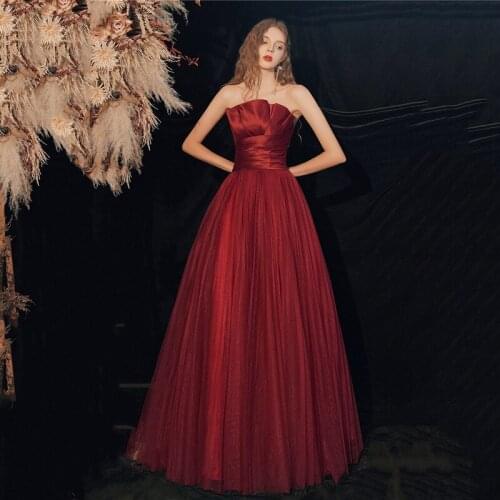 Elegant Burgundy Tube Top Satin Chiffon Evening Dress Cheongsam Back Bandage Prom Fomail Gown Vestidos De Noche