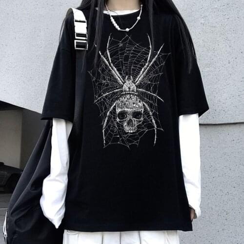 Harajuku Oversized T-shirt Spider Web Graphic Fake Two-piece Long-Sleeved Top KPOP Black Vintage Pure Cotton AestheticT-shirt