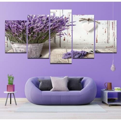 Hd Canvas Painting Modern Plant Romantic Purple Lavender Flower Art Poster Home Decor Bedroom Modular Five-Piece Mural No Frame