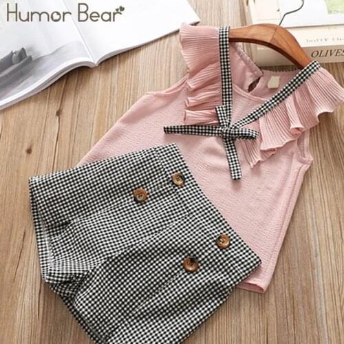 Humor Bear Girls Clothes Sets Summer Sleeveless New Cotton Top+Plaid Button Short 2Pcs Casual Toddler Clohtes For 2-6Y