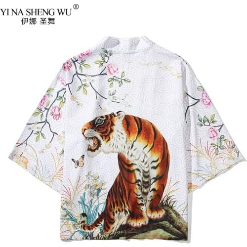 Yukata Japanese Style Anime Tiger Cardigan Kimono Cosplay Harajuku Women Men Shirt Yukata Streetwear White Traditional Robe Tops
