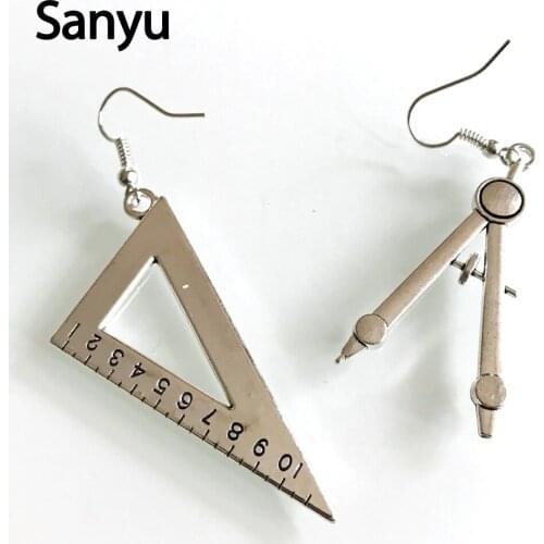Creative Funny Vintage Compasses Set Square Drop Earrings Antique Silver Color Fun Earrings for Women Girl Fashion Funny Brincos