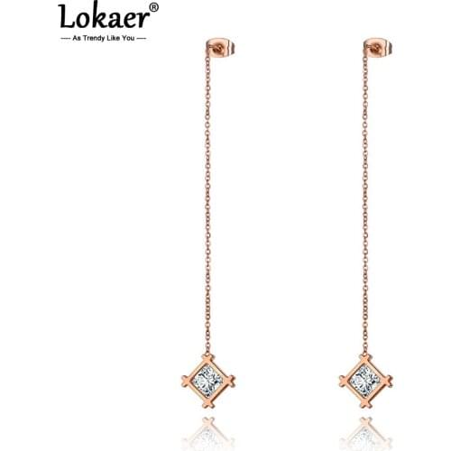Lokaer Trendy Stainless Steel CZ Crystal Square Tassel Earrings Jewelry Rose Gold Ear Line Dangle Earrings For Women Girl E20006