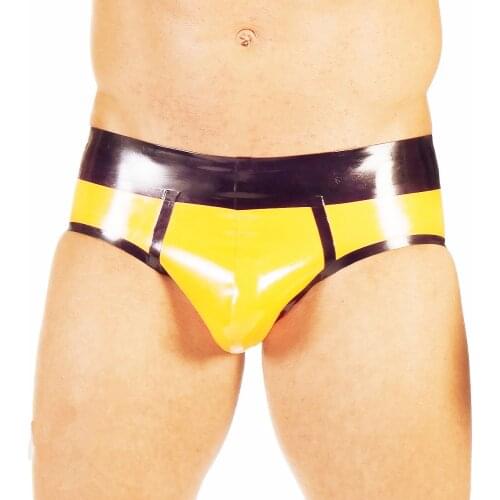 Male Latex Rubber Underpants Yellow and Black Shorts Trims Latex Panties Handmade Plus Size Custom Made Underwear S-LPM079