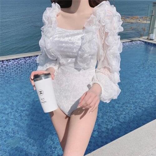 2021 New Long Sleeve One Piece Swimsuit Women Solid Swimwear Mesh Monokini Lace Up Swim Suit Korea Trikini Bathing Beachwear
