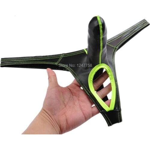 New Men Long Pouch Thong Leather Like Nuts Out String T-back Bikini Pants Isolation Underwear