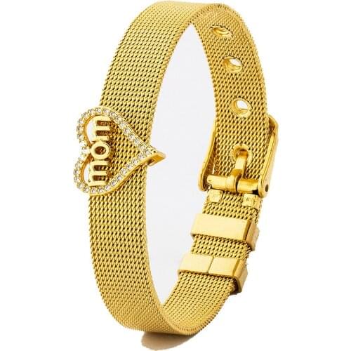 New Style Gold Heart Shape Mom Letter Bangle Micro Pave CZ Charm Watch Belt Stainless Steel Bracelets Best Gift For Mothers Day