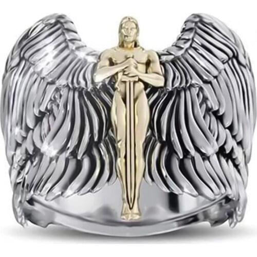 Punk Mens Ring Retro Angel Wings Cross Signet Rings For Men Vintage Goddess Of Justice Anillos Viking Jewelry