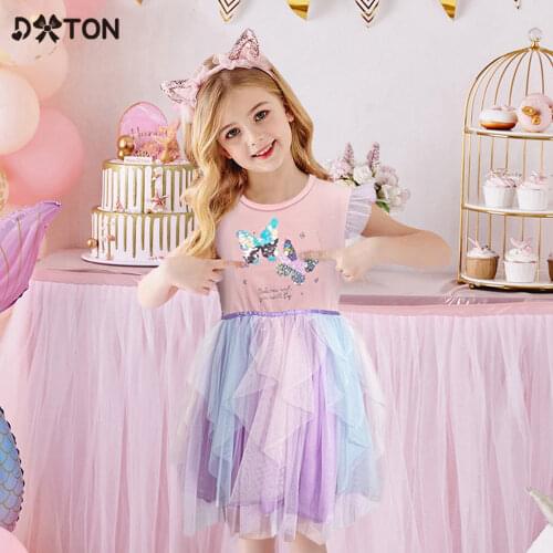 DXTON Unicorn Summer Girls Dress Flare Sleeve Kids Tutu Dress Patchwork Girls Party Vestidos Rainbow Cartoon Children Dress 3-8Y