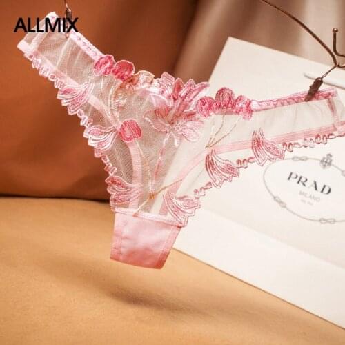 ALLMIX Sexy Womens Transparent Lace Panties Hollow Out Embroidery Thongs Low Waist Temptation Female Comfort Breathable Thong