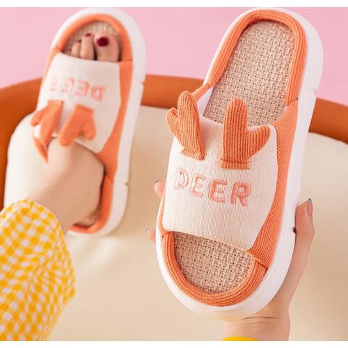 Women Cotton Linen Slippers Cartoon Deer Summer Shoes Couples Indoor Platform Slipper Breathable Female Male Home Floor Slides
